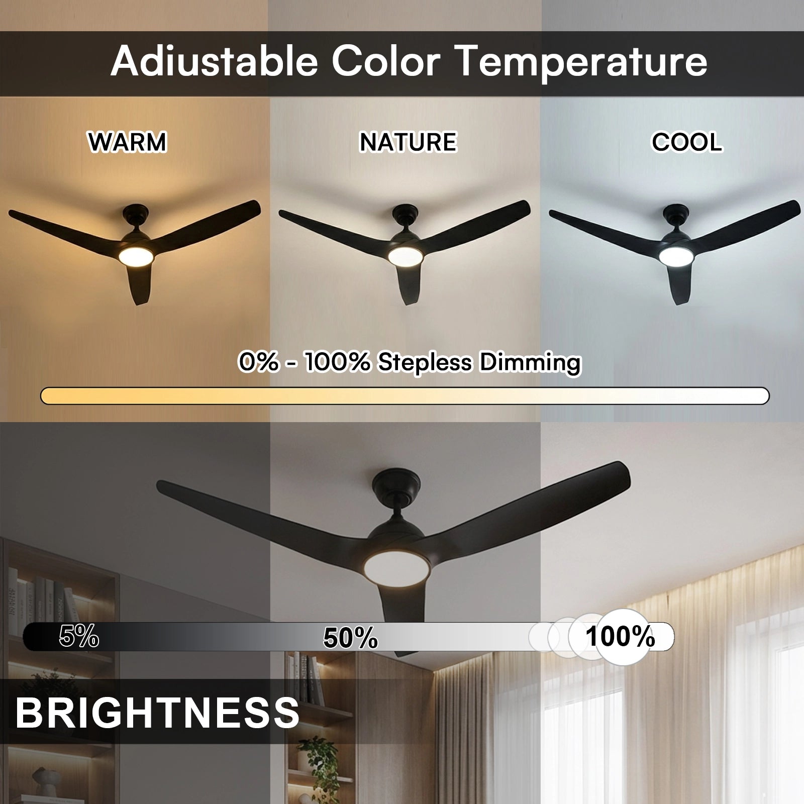 Zephyr™ | 52" Whisper-Quiet Ceiling Fan | 35dB, 3000K–6000K+RGB, Solid Wood
