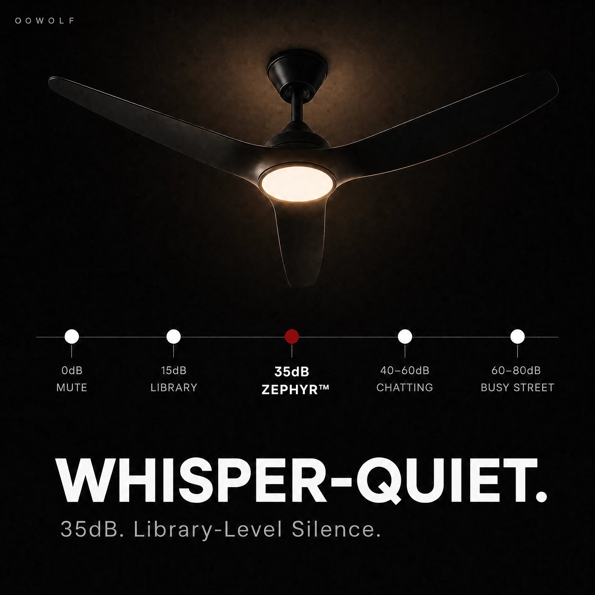 Zephyr™ | 52" Whisper-Quiet Ceiling Fan | 35dB, 3000K–6000K+RGB, Solid Wood
