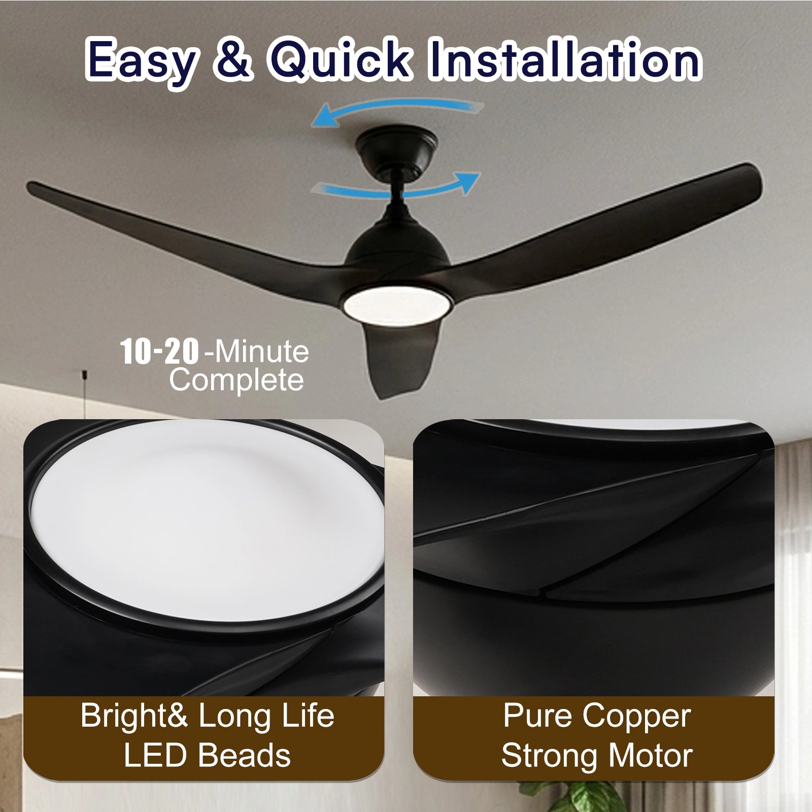 Zephyr™ | 52" Whisper-Quiet Ceiling Fan | 35dB, 3000K–6000K+RGB, Solid Wood
